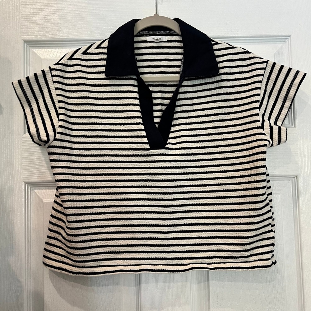 Maurices Polo Shirt Waffle Knit Striped Nautical Preppy Black White Medium Retro